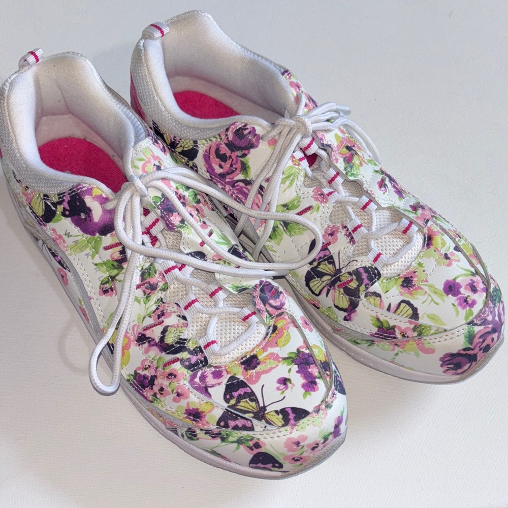 Easy Spirit Romy Leather Walking Shoes Floral Butterfly Print Size 8 1/2 W